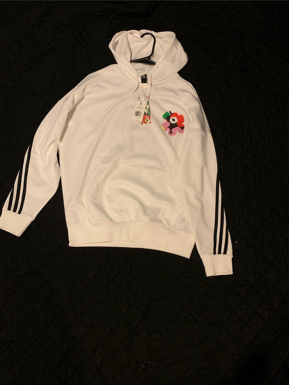 adidas Originals White Hoodie with Black Stripes & Multicolor Floral Patch
